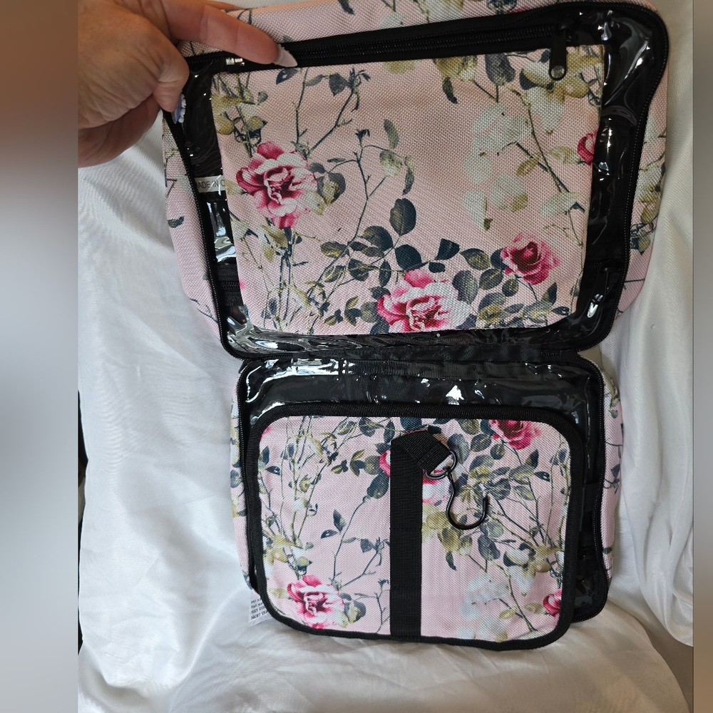 Floral Pink Travel Bag And Travel Cosmetic Pouch 2 Piece - Picture 4 of 5